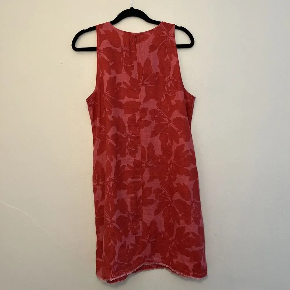 Garnet Hill 100% Linen Fringe Hem A-Line Dress, Pink & Red Hibiscus Floral- Sz 8 - Picture 7 of 9